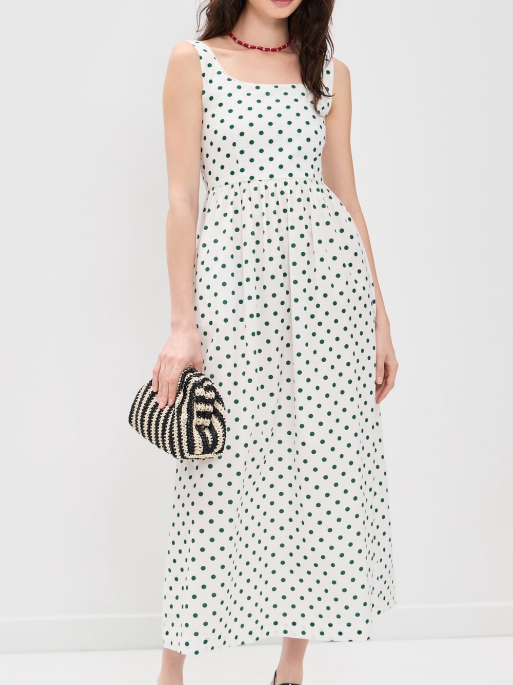 Sleeveless White Maxi Dress with Green Polka Dots